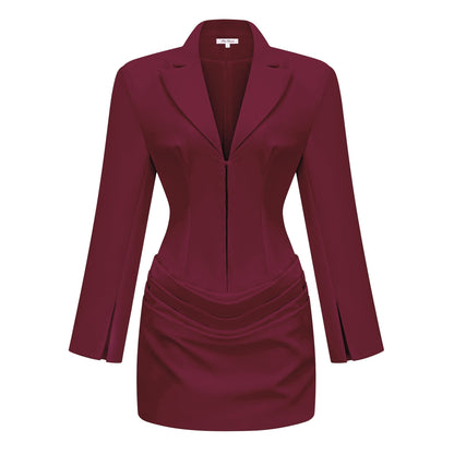 Rosette Büzgü Detaylı Blazer Mini Elbise Bordo