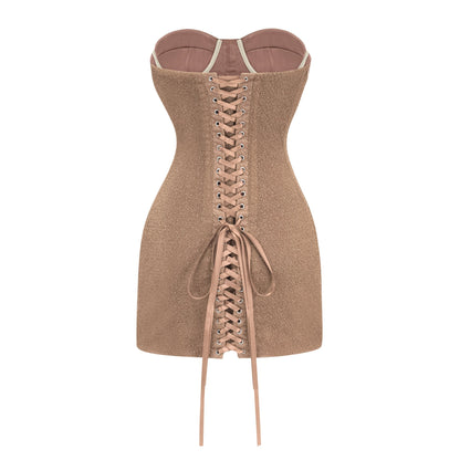 Orabelle Parlak Korse Detaylı Mini Elbise Bronz