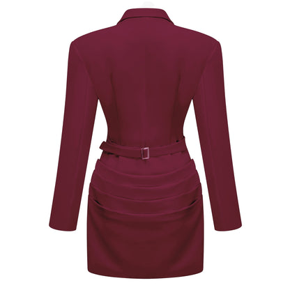 Rosette Büzgü Detaylı Blazer Mini Elbise Bordo