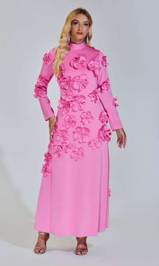 Elva Pembe Uzun Kol Çiçekli Maxi Elbise