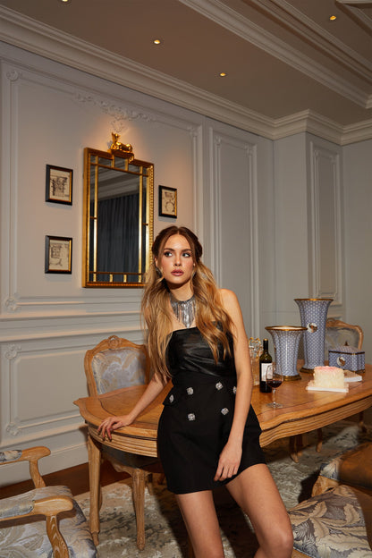 Mealla Kristal Düğme Detaylı Kloş Mini Elbise Siyah