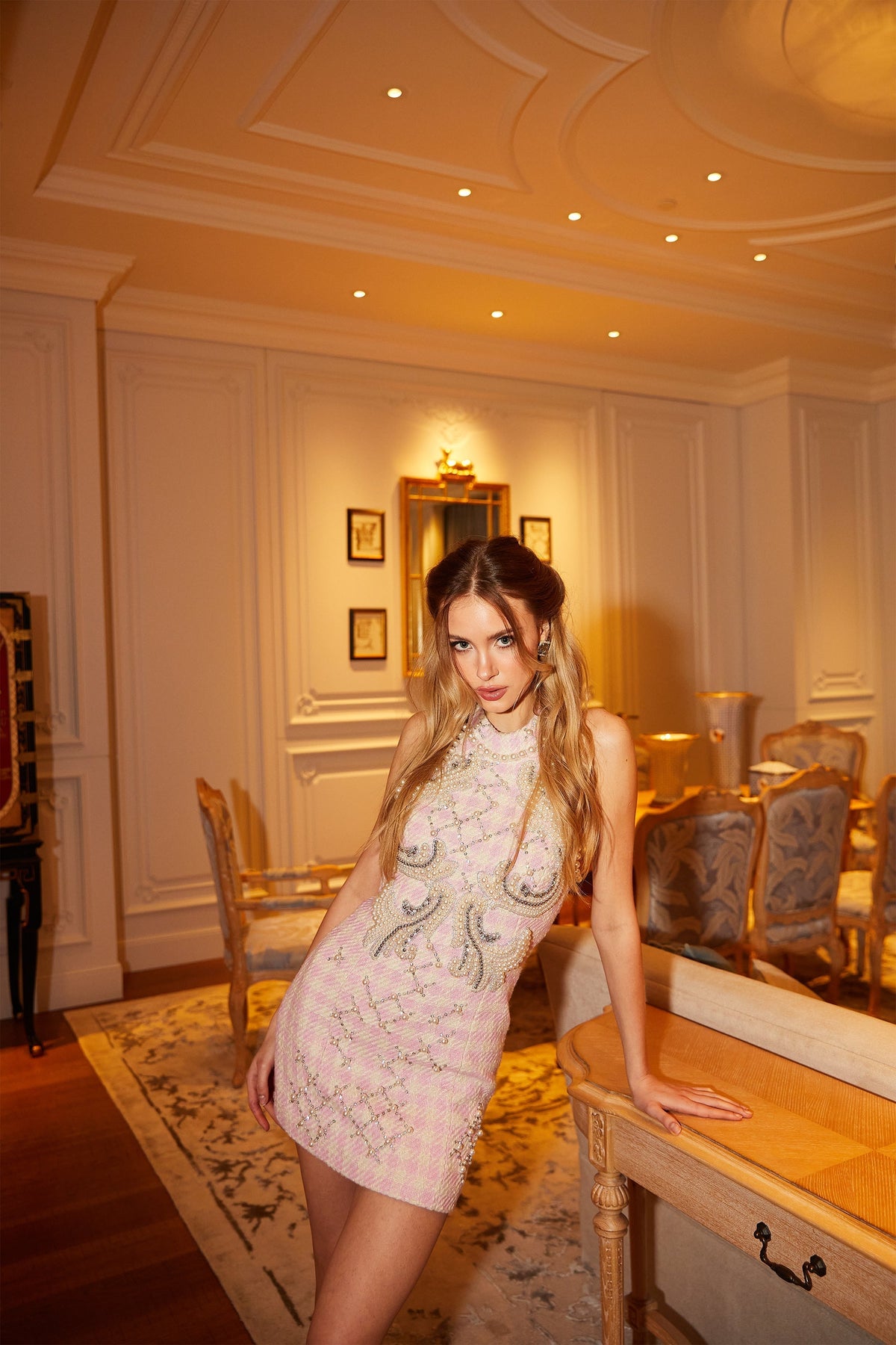Capucine İncili Mini Elbise Pembe