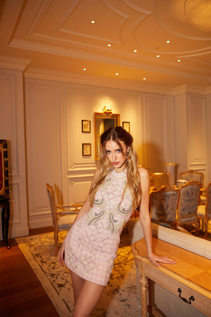 Capucine İncili Mini Elbise Pembe