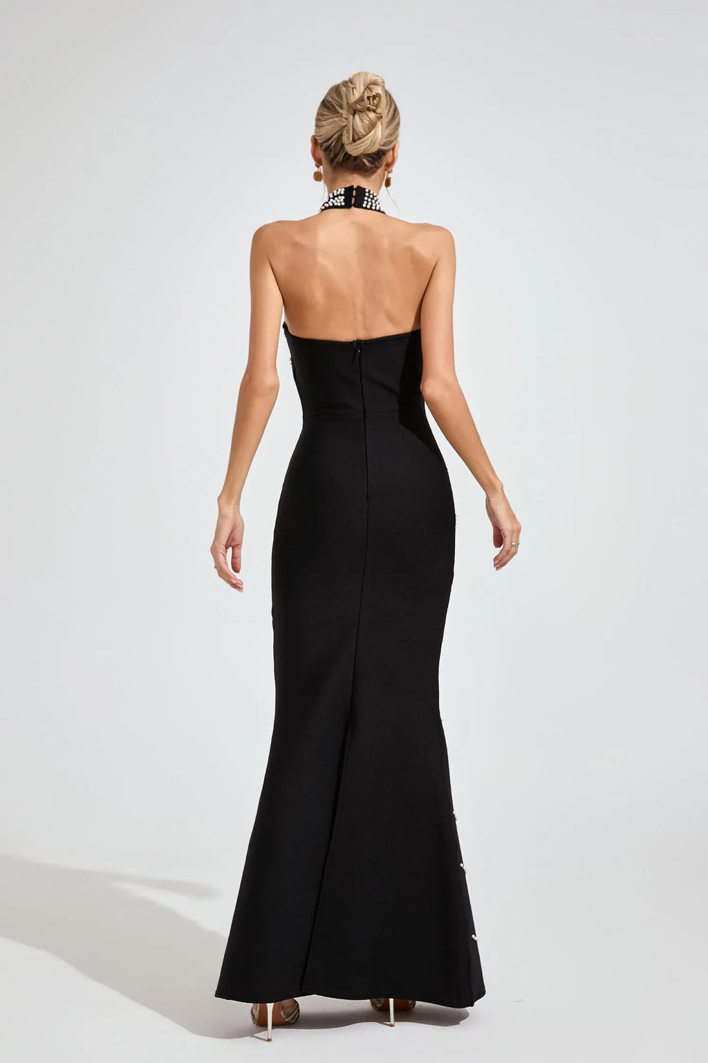 Imogen Siyah İnci Halter Bandaj Maxi Elbise