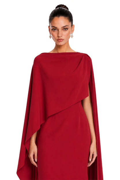 Zinhle Pelerin ve Drape Detaylı Maksi Elbise Kırmızı