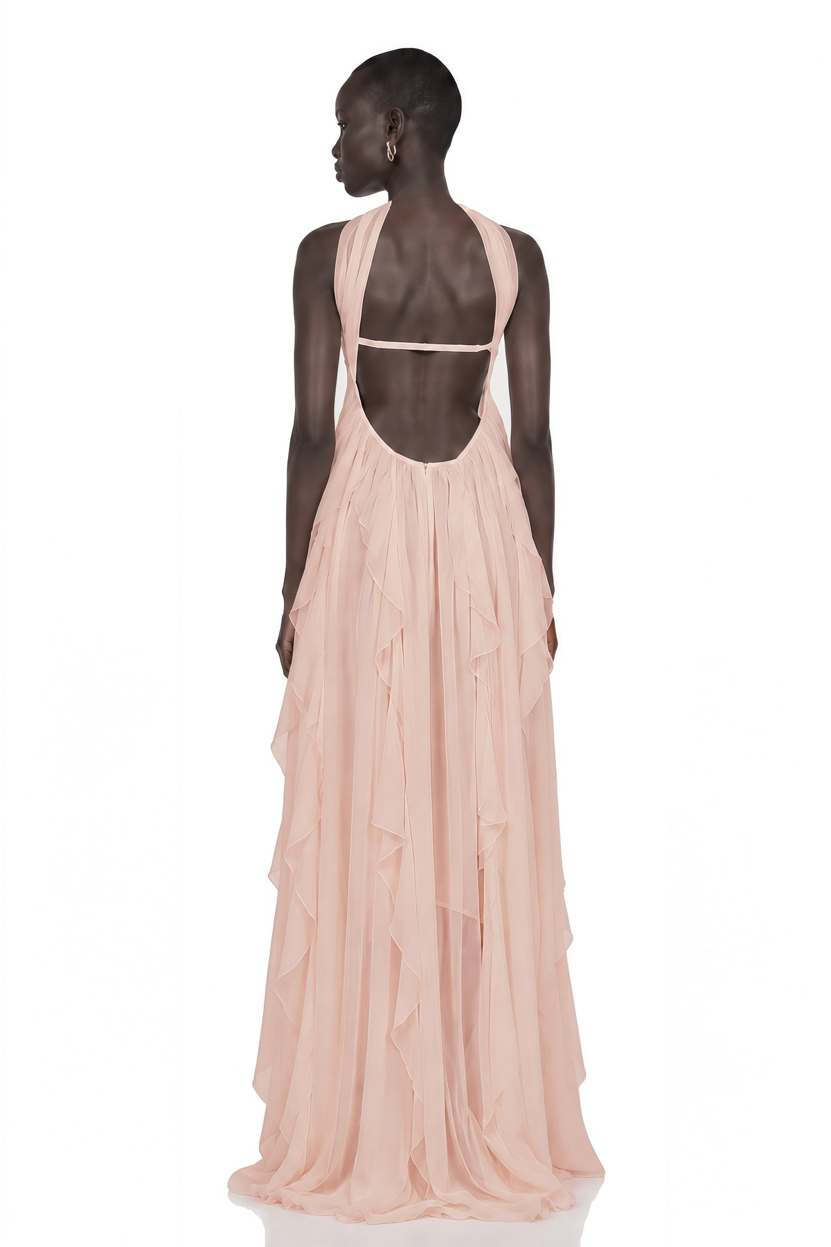 Mariah Şifon Fırfırlı Boyundan Bağlamalı Maksi Elbise