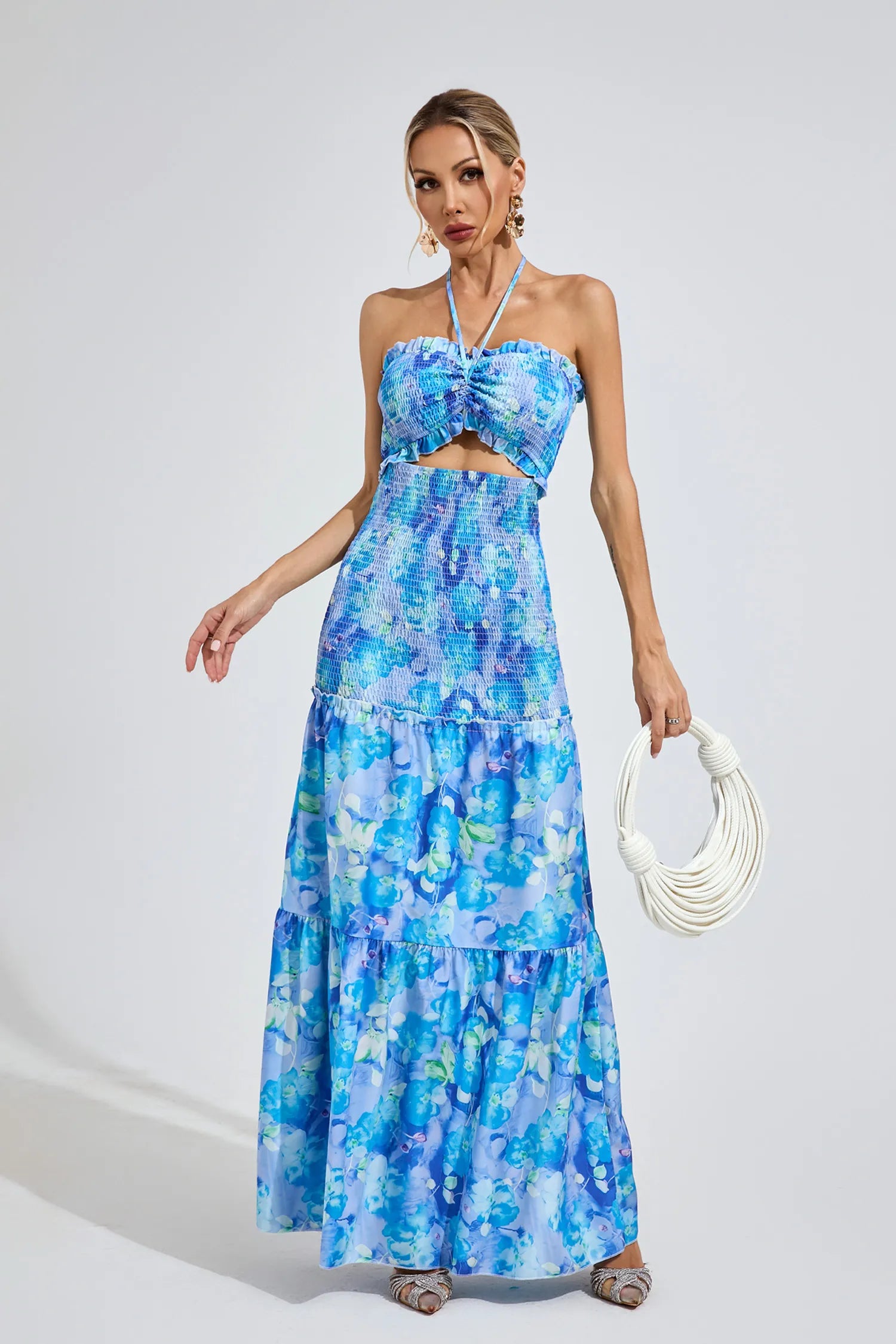 Ellison Mavi Volanlı Halter Maxi Elbise