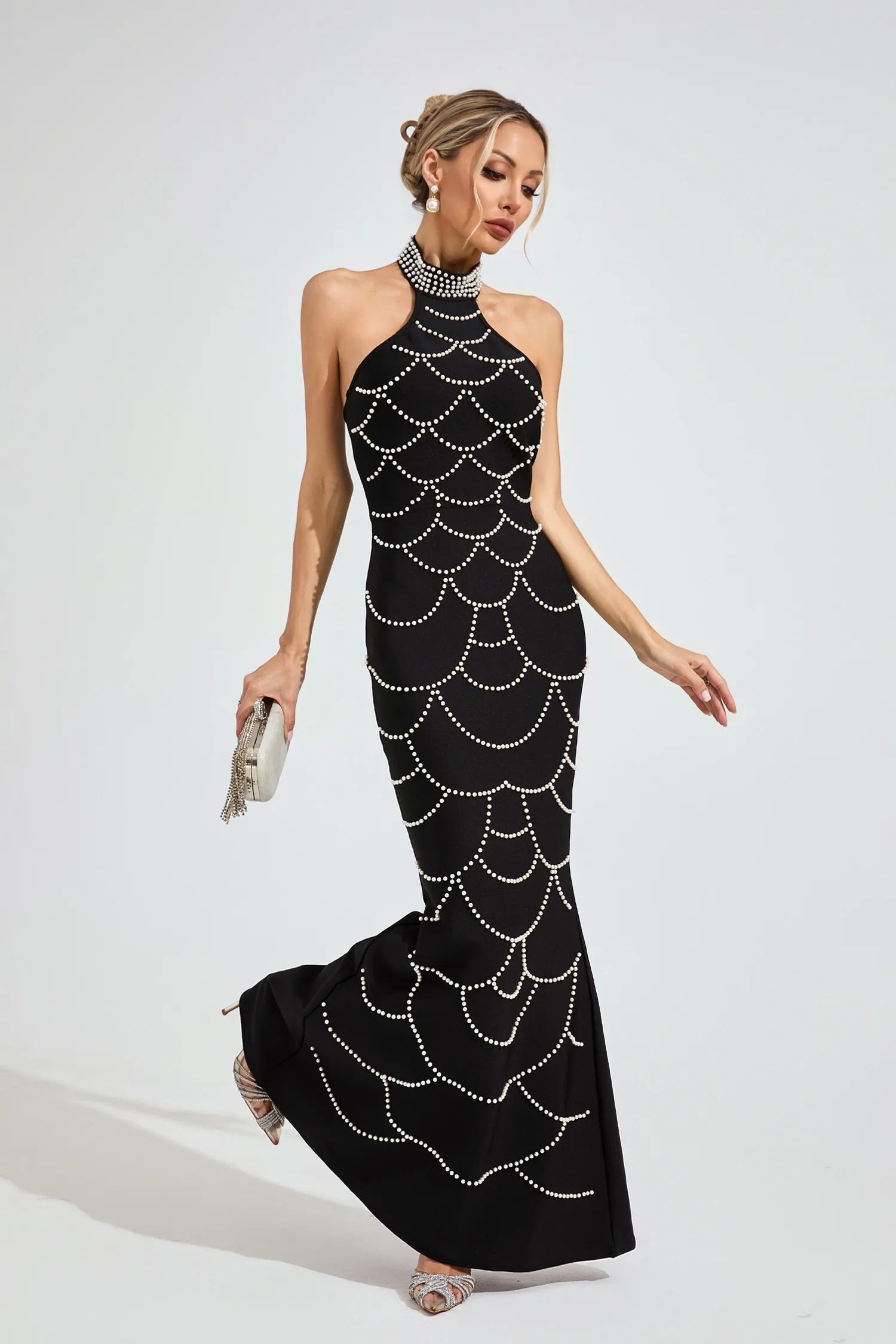 Imogen Siyah İnci Halter Bandaj Maxi Elbise