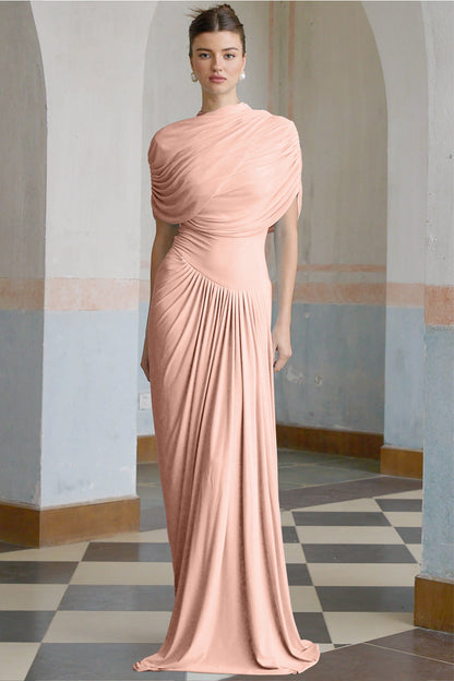 Catherine Asimetrik Pileli Maxi Elbise Pembe
