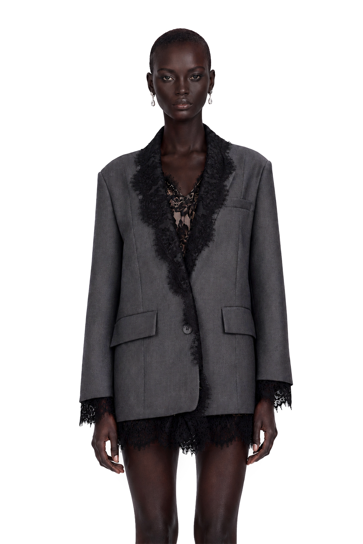 Dianthe Dantel Detaylı Blazer Ceket Gri