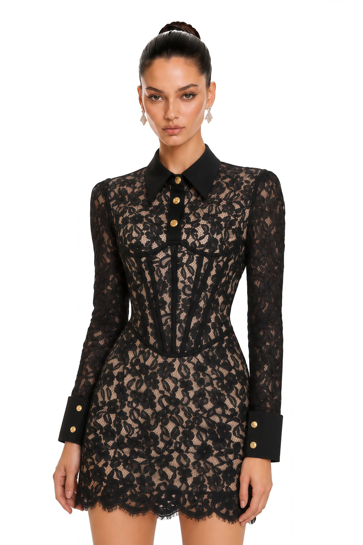 Katla Çiçek Desenli Dantel Bodycon Mini Elbise Siyah