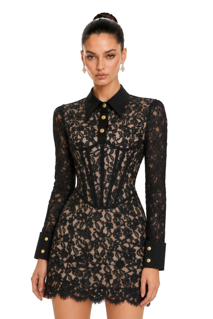 Katla Çiçek Desenli Dantel Bodycon Mini Elbise Siyah