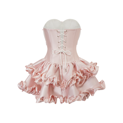 Laurine Fırfır Detaylı Saten Mini Elbise Pembe