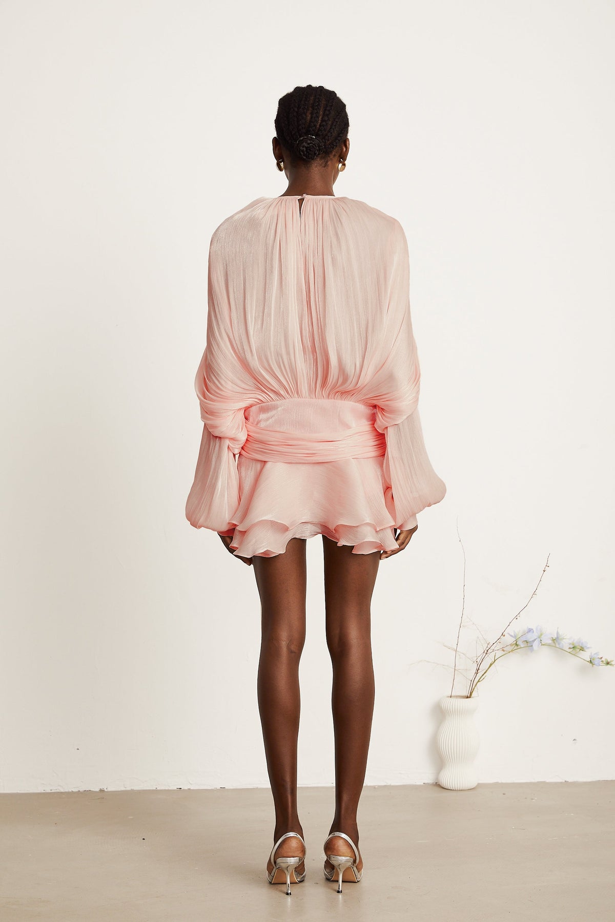 Eugénie Pilili Fırfırlı Mini Elbise Pembe