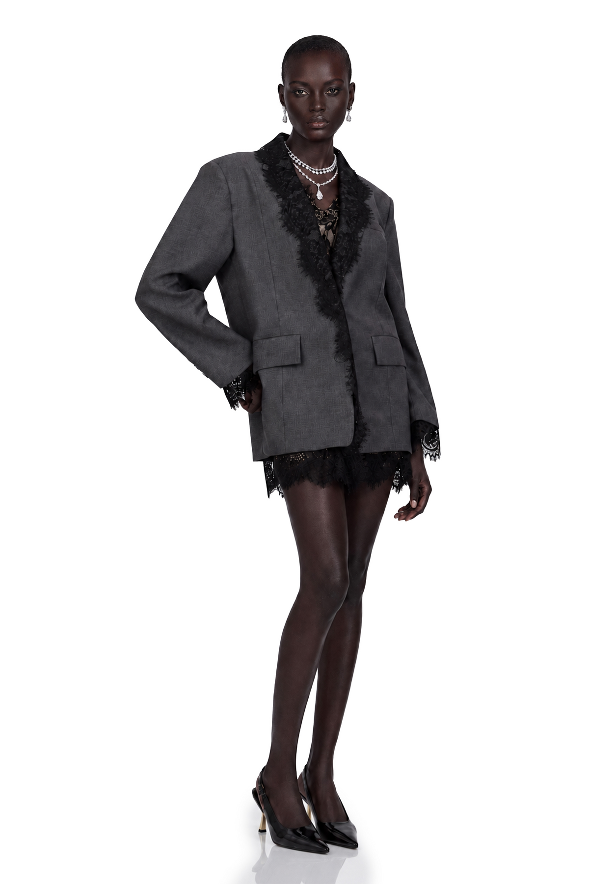 Dianthe Dantel Detaylı Blazer Ceket Gri