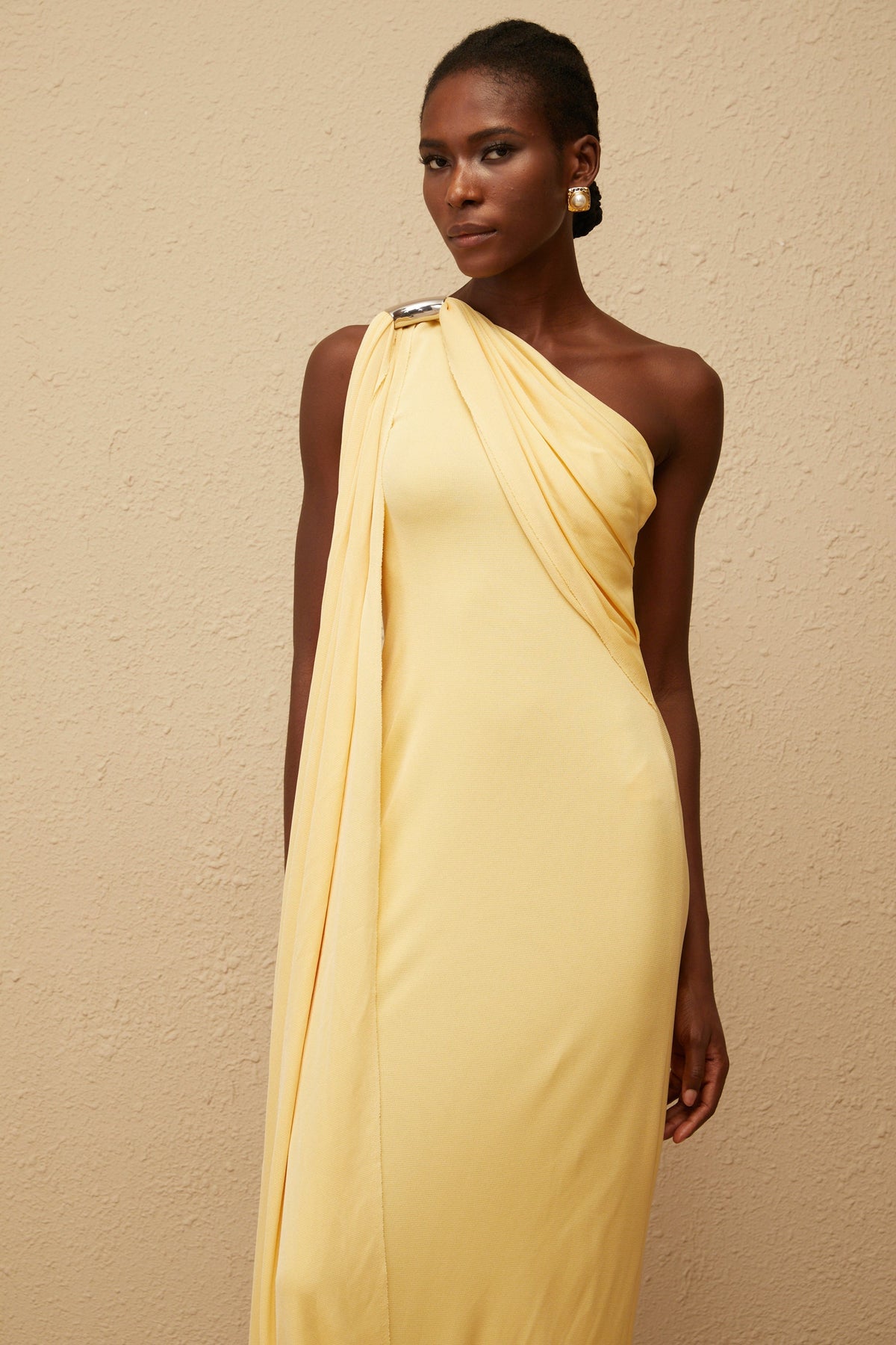 Garance Drapeli Asimetrik Maksi Elbise Sarı
