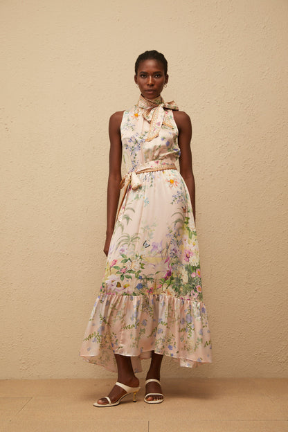 Madeleine Çiçek Desenli Saten Maksi Elbise Çok Renkli