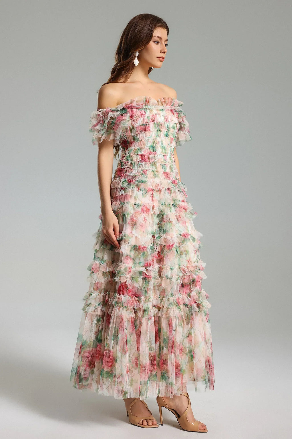Qearl Çiçekli Off Shoulder Plise Maxi Elbise