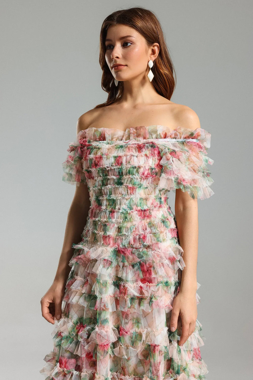 Qearl Çiçekli Off Shoulder Plise Maxi Elbise
