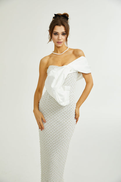 Maura Düşük Omuz İncili Midi Elbise Beyaz