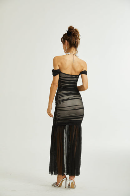 Safiya Drape Detaylı Balık Model Maxi Elbise Siyah