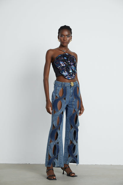 Blanche Yüksek Bel ve Cut-Out Detaylı Jean Pantolon Mavi