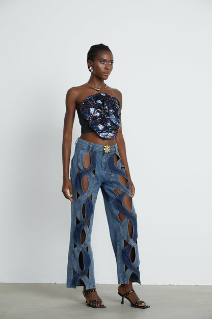 Blanche Yüksek Bel ve Cut-Out Detaylı Jean Pantolon Mavi