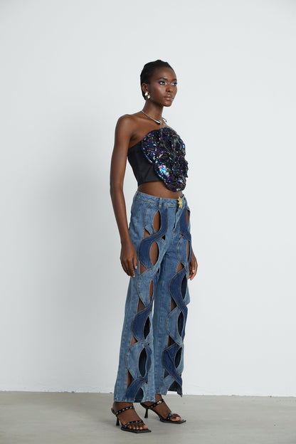 Blanche Yüksek Bel ve Cut-Out Detaylı Jean Pantolon Mavi