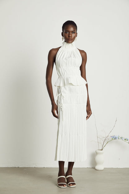 Milisent Sırtı Açık Pileli Üst ve Etek Takım Beyaz