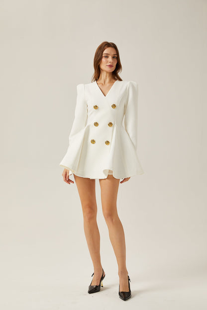 Élise Pilili Peplum Etek Uçlu Blazer Elbise Beyaz