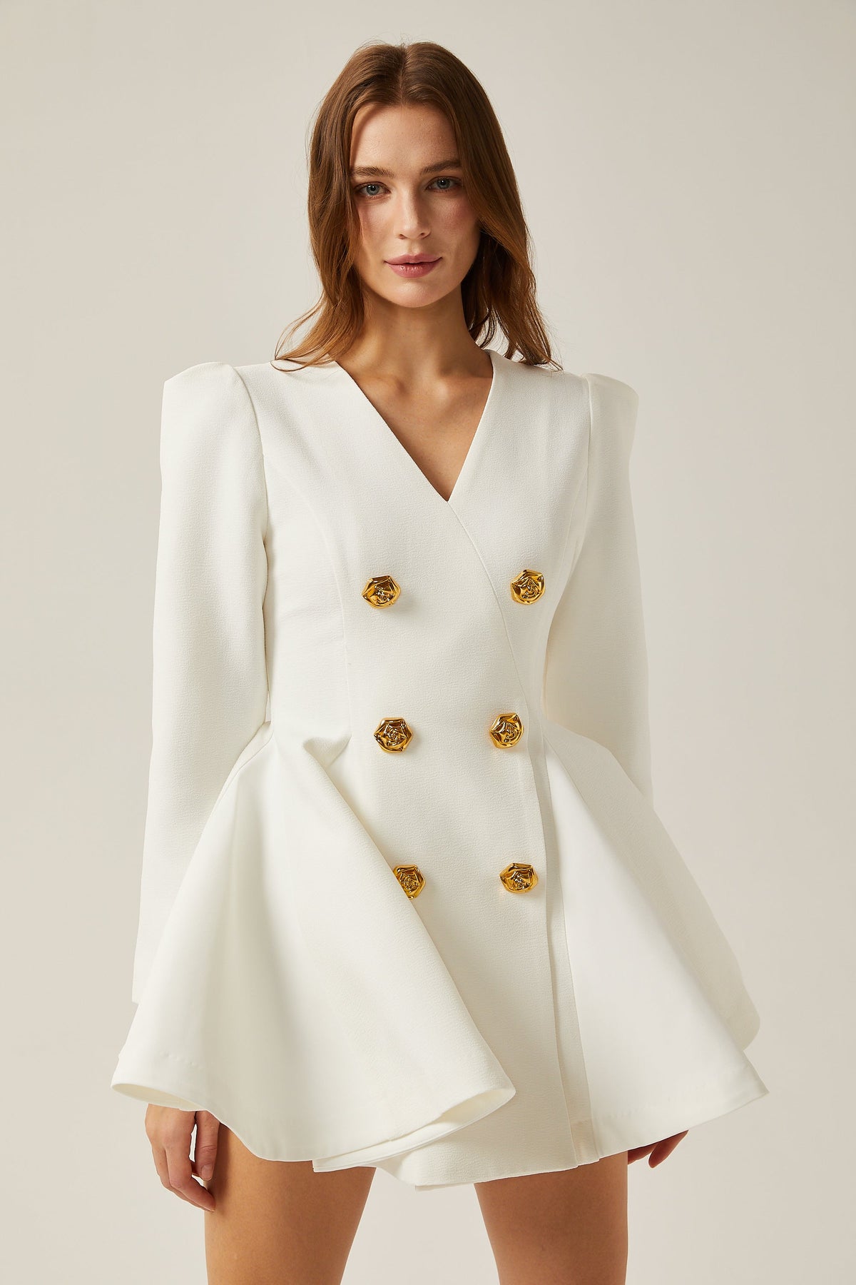 Élise Pilili Peplum Etek Uçlu Blazer Elbise Beyaz