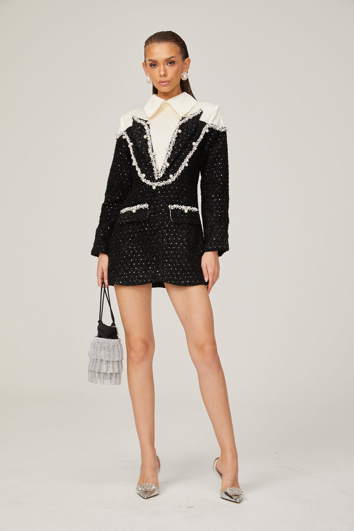 Éléonore Sahte İnci Ve Payet İşlemeli Mini Elbise Siyah