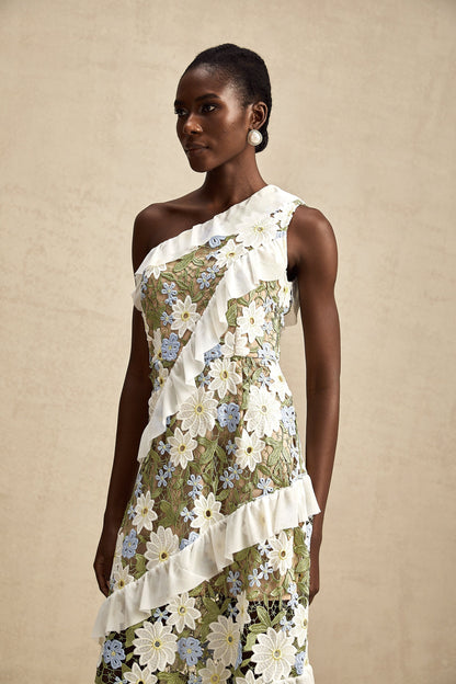 Clémence Çiçek İşlemeli Midi Elbise Yeşil