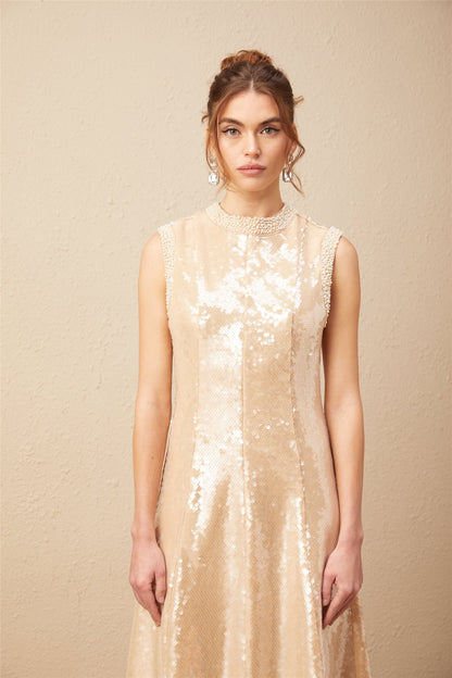 Ornella Sahte İnci ve Pul İşlemeli Midi Elbise Nötr