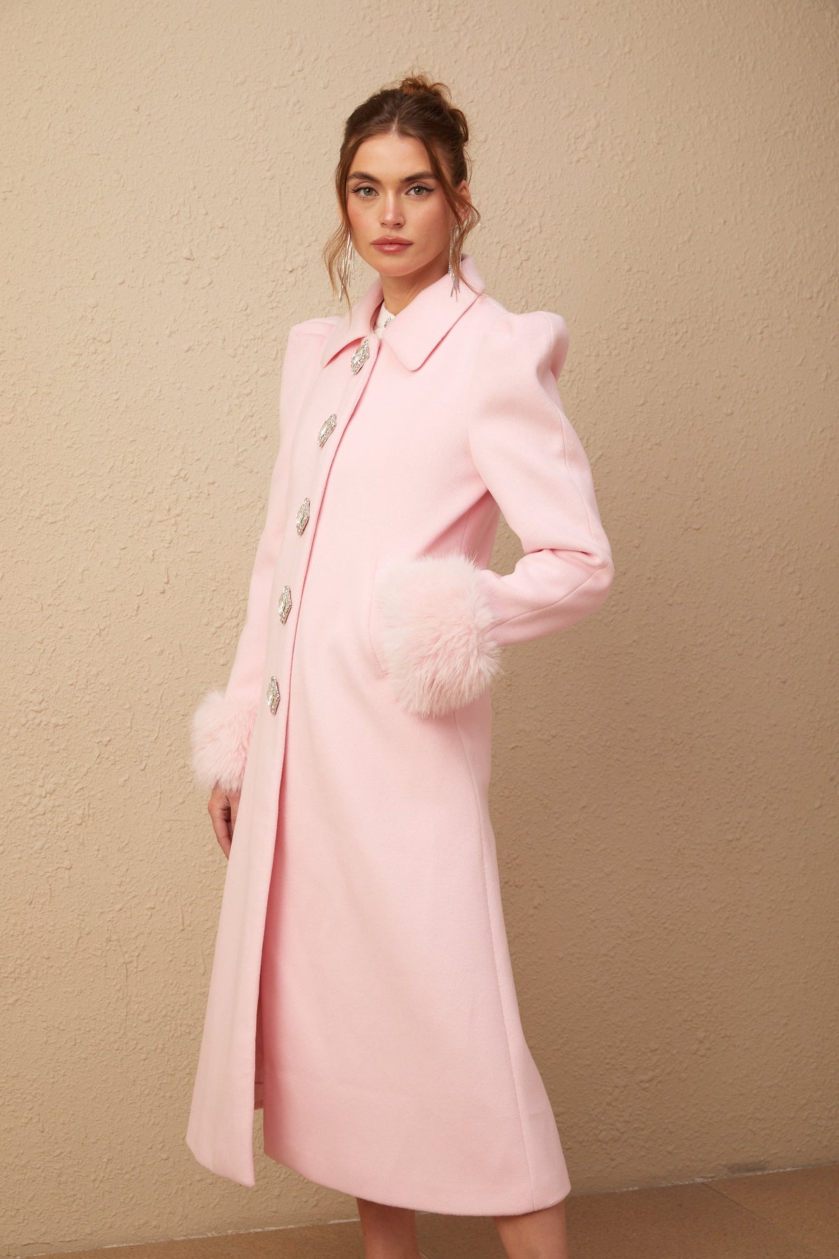 Louisette Suni Kürk Detaylı Palto Pembe