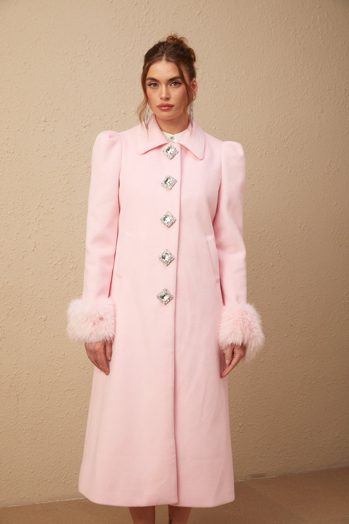 Louisette Suni Kürk Detaylı Palto Pembe