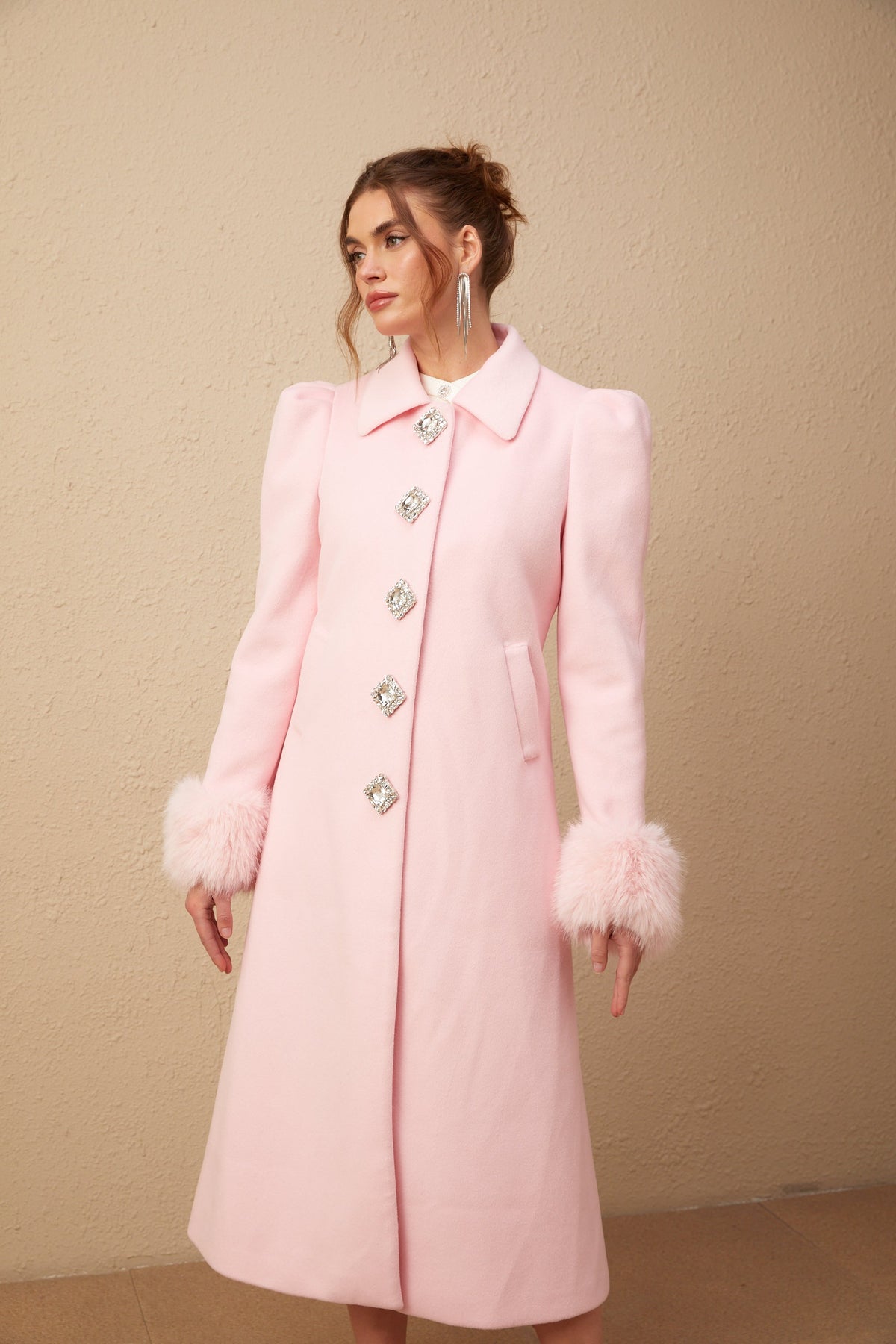 Louisette Suni Kürk Detaylı Palto Pembe