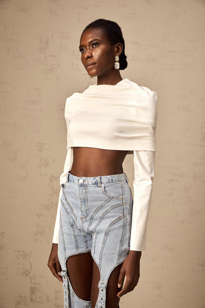 Hanna Büzgülü Düşük Omuzlu Crop Bluz Beyaz