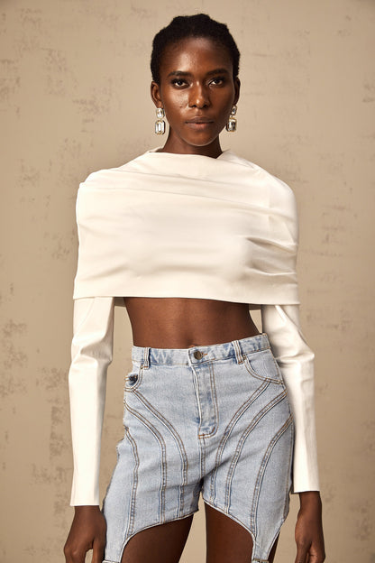 Hanna Büzgülü Düşük Omuzlu Crop Bluz Beyaz