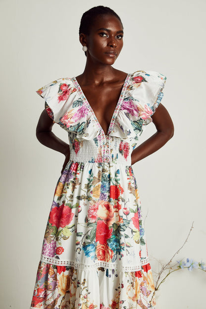 Claire Fırfırlı Çiçek Desenli Midi Elbise Beyaz