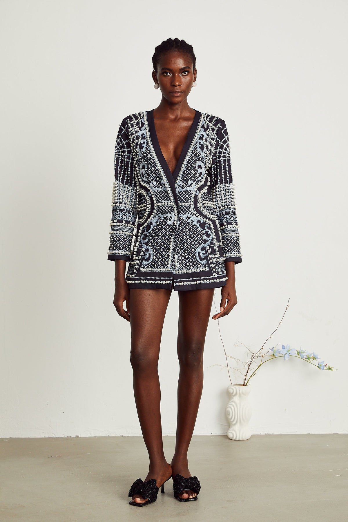 Catherine V Yaka Desenli Blazer Mini Elbise