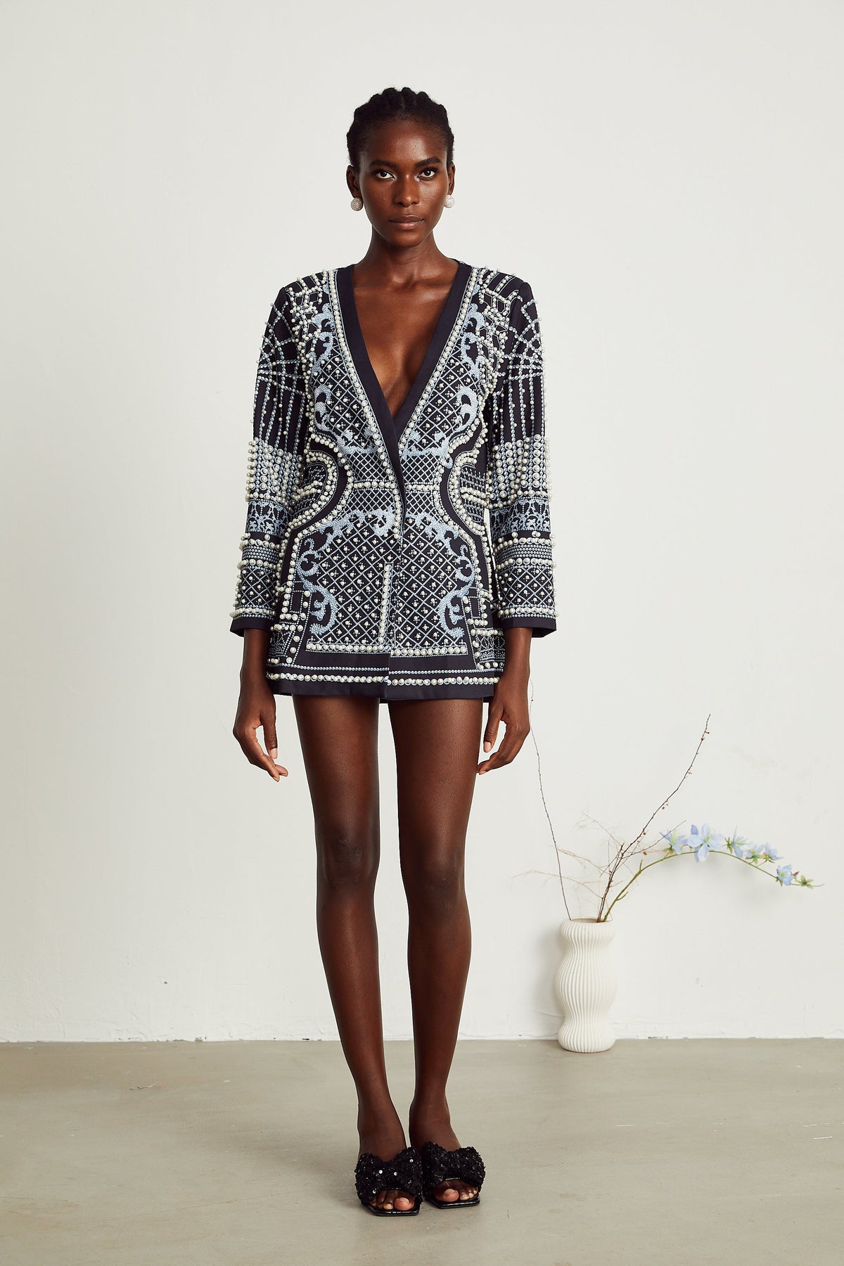 Catherine V Yaka Desenli Blazer Mini Elbise