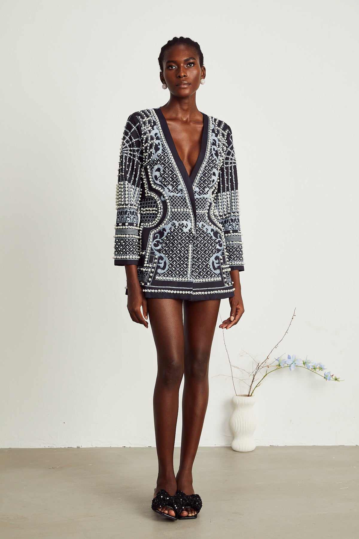 Catherine V Yaka Desenli Blazer Mini Elbise
