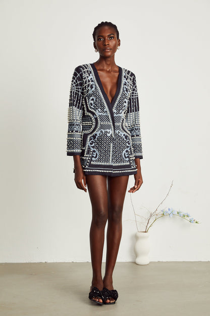Catherine V Yaka Desenli Blazer Mini Elbise