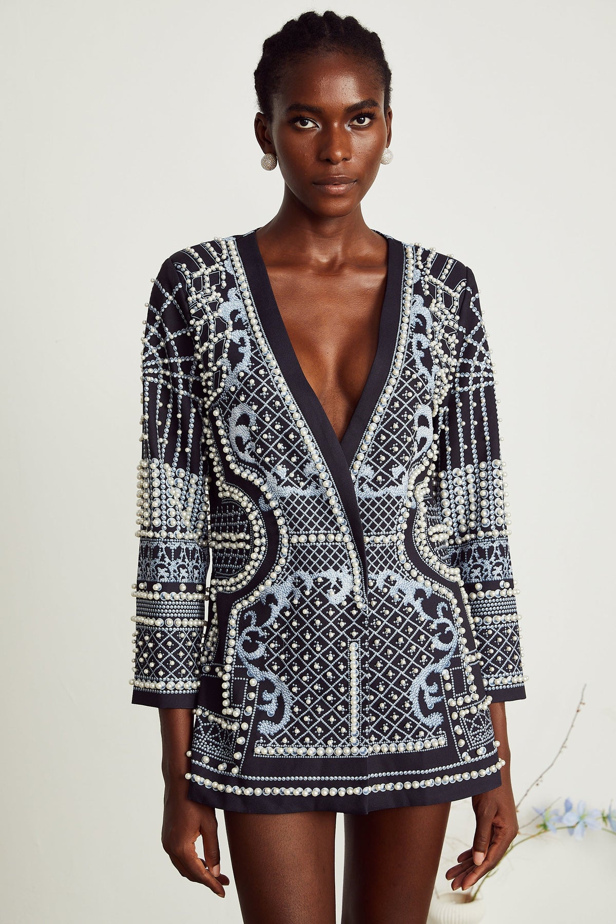 Catherine V Yaka Desenli Blazer Mini Elbise