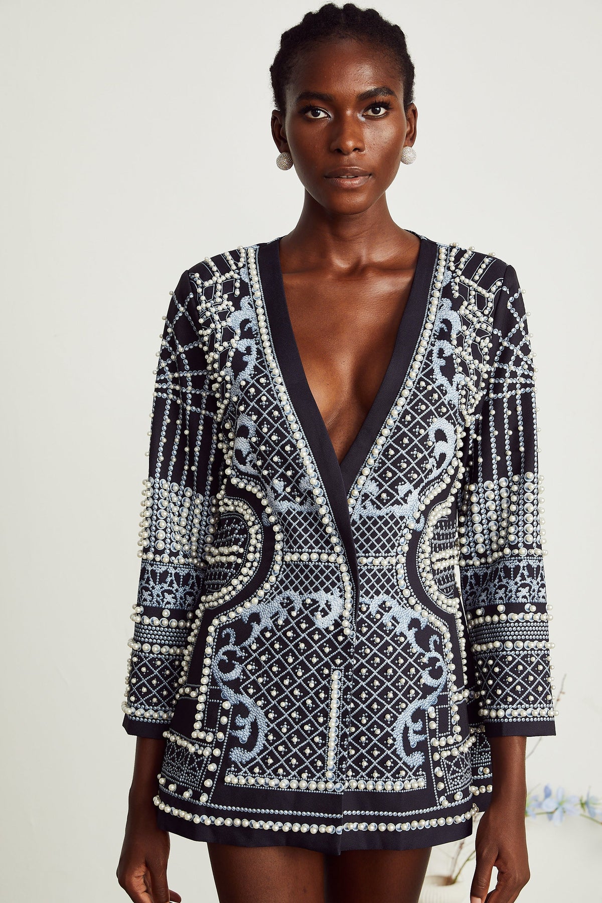 Catherine V Yaka Desenli Blazer Mini Elbise