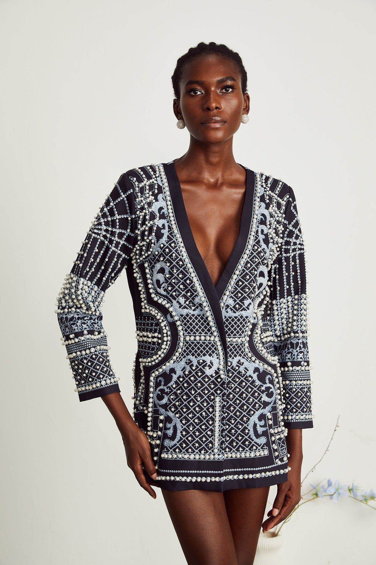 Catherine V Yaka Desenli Blazer Mini Elbise