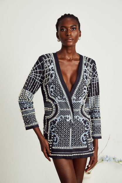 Catherine V Yaka Desenli Blazer Mini Elbise