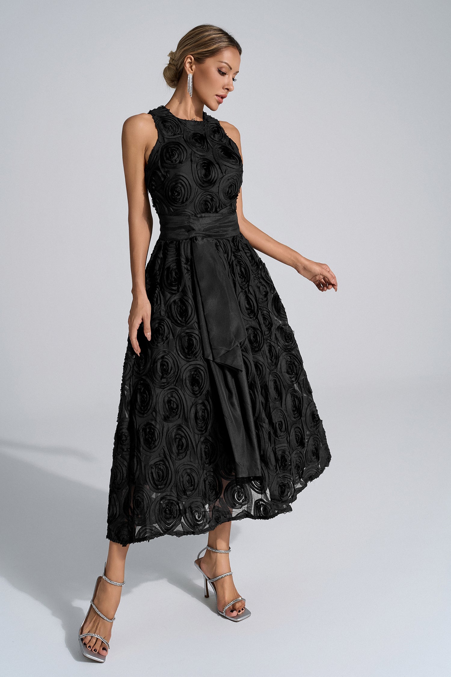 Rosemary Siyah 3D Çiçekli Maxi Elbise