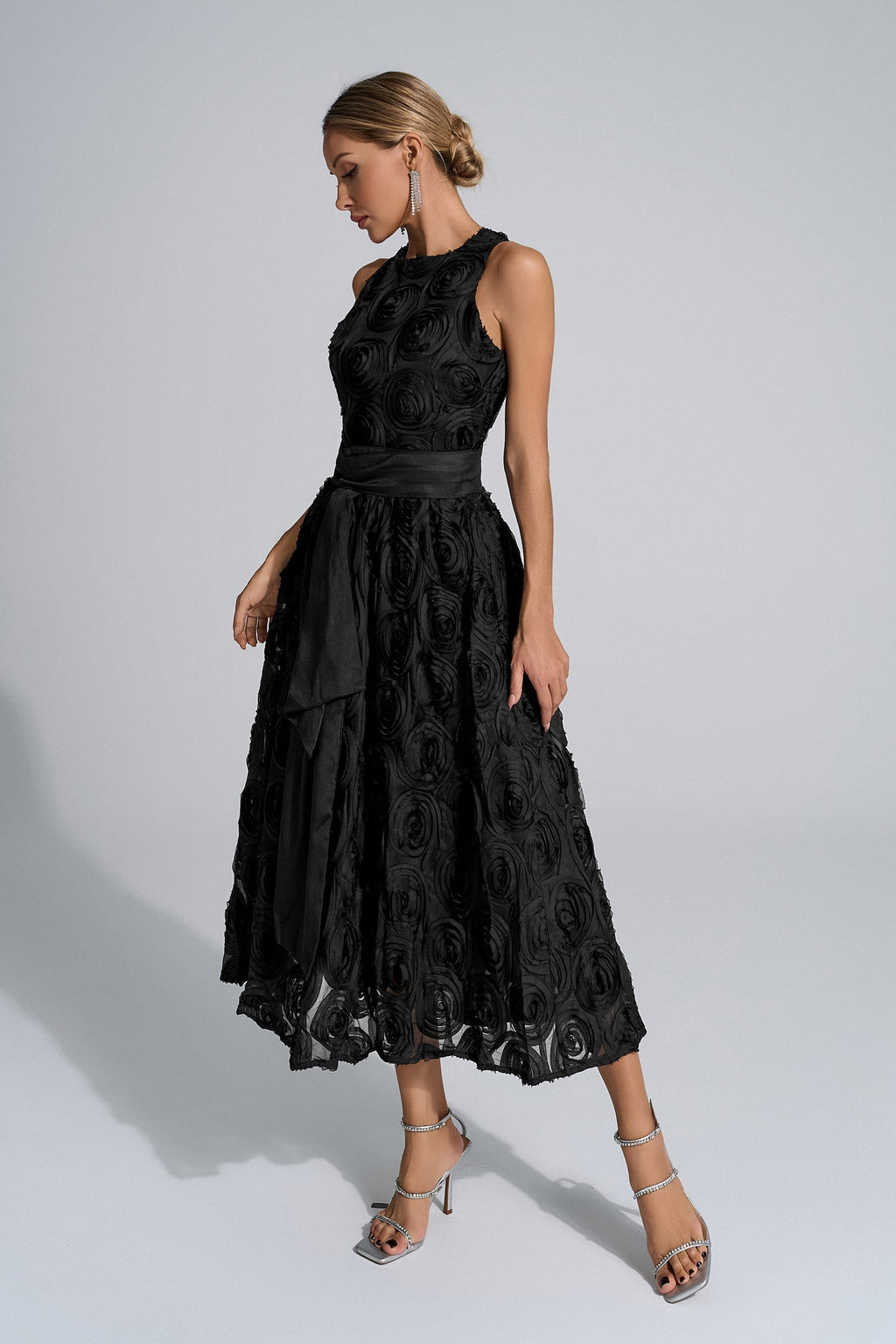 Rosemary Siyah 3D Çiçekli Maxi Elbise